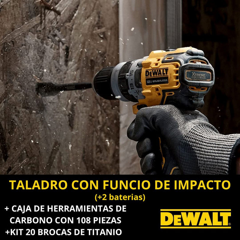 KIT DEWALT: Taladro & Pistola de Impacto + Caja De Herramientas Con 108 Piezas + 20 Brocas De Titanio.