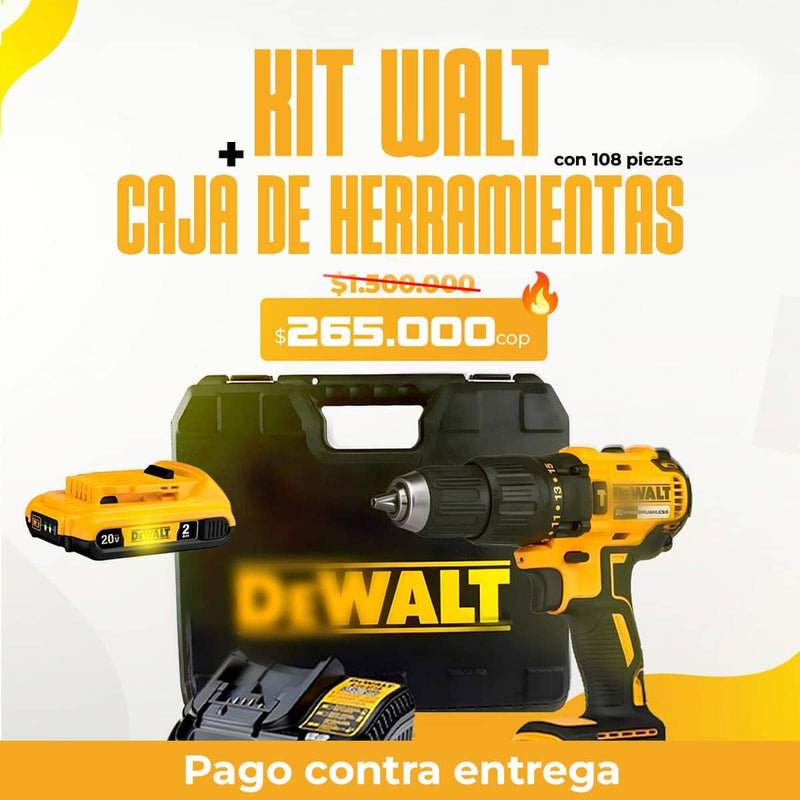 KIT DEWALT: Taladro & Pistola de Impacto + Caja De Herramientas Con 108 Piezas + 20 Brocas De Titanio.